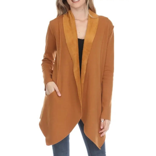 Rain and Rose Drape Front Long Sleeve Duster Cardigan Sweater Camel Mocha Small