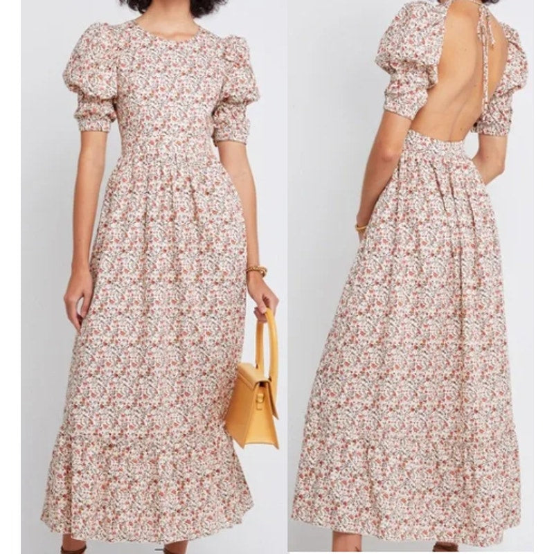 o.p.t One Pretty Time Hayden Puff Sleeve Open Back Floral Maxi Dress Pink Small