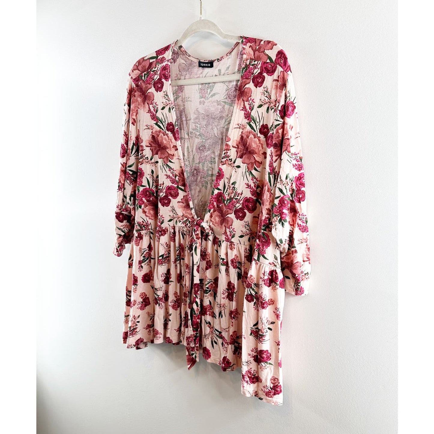 Torrid Tie Front Babydoll Peplum Kimono Sleeve Floral Top Red Pink 5X