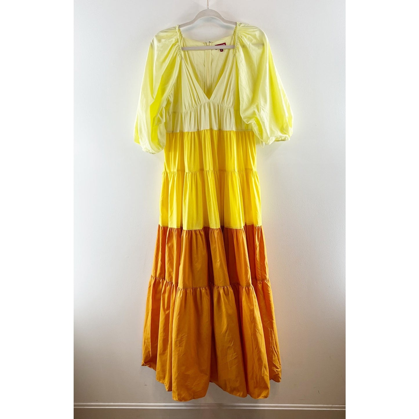 Staud Puff Sleeve Tiered Meadow Colorblock Maxi Dress in Sun Beach Medium