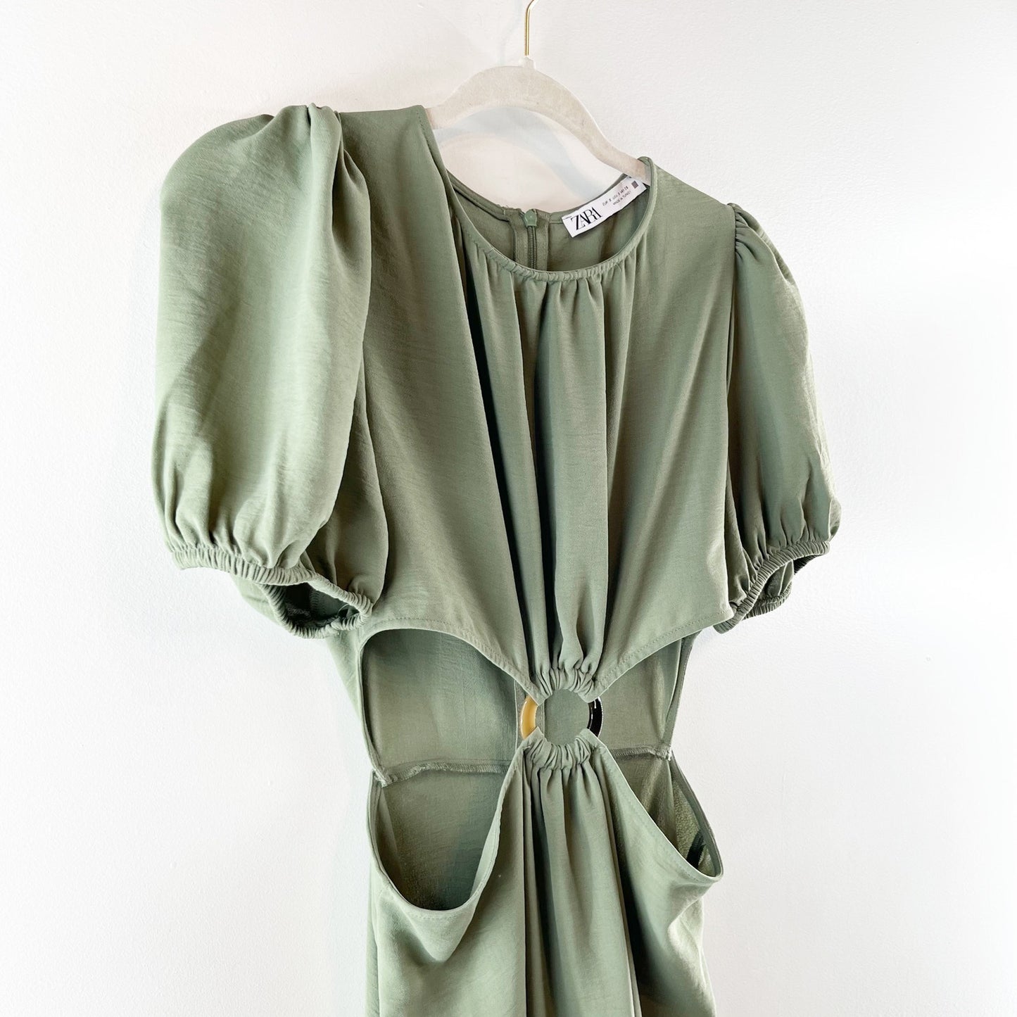 Zara Short Puff Sleeve Round Neck Cut Out A-Line Midi Dress Green Small
