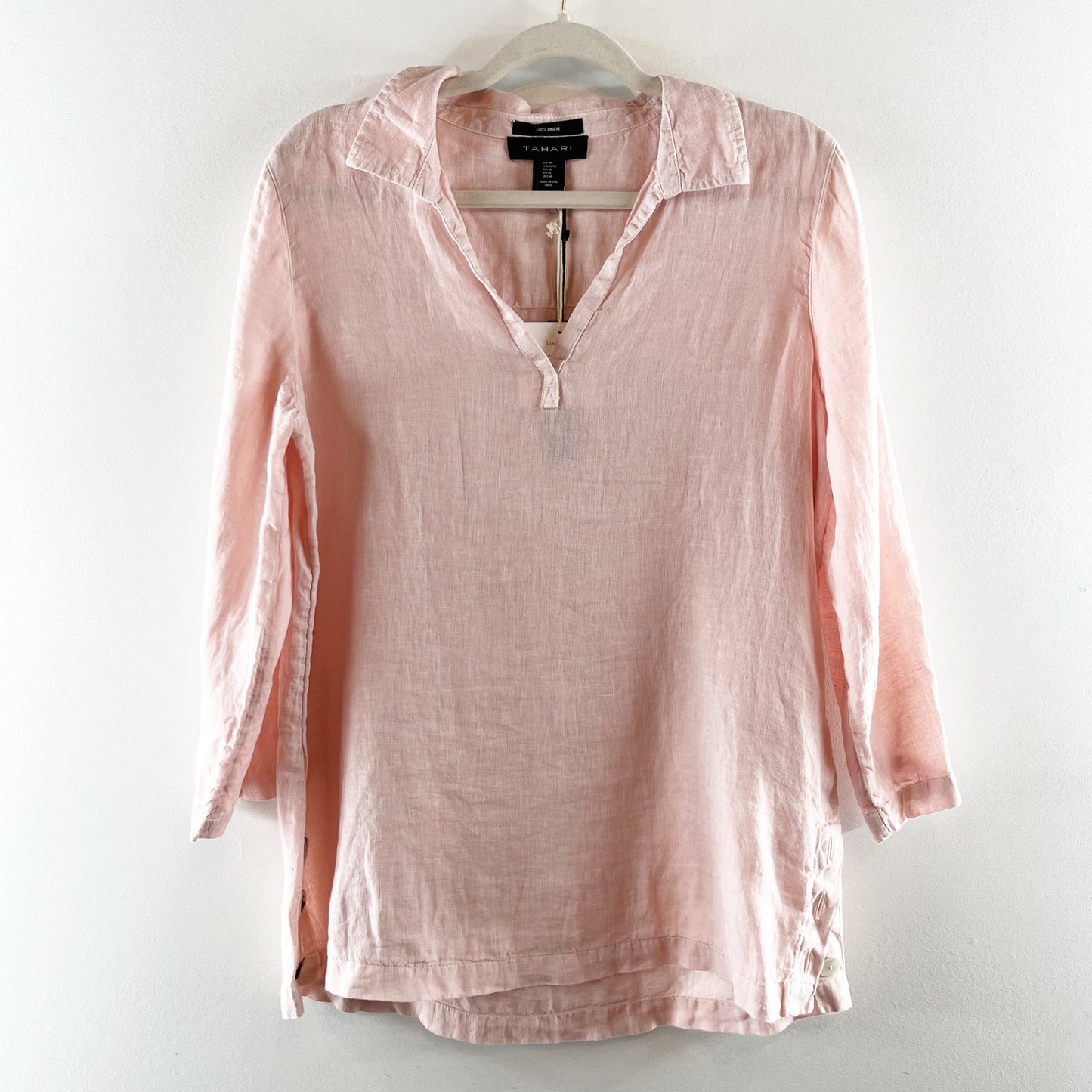 Tahari Linen V Neck Polo Tunic Top Blouse Shirt Salmon Coral Pink Medium