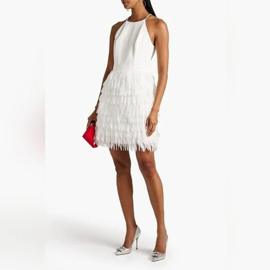 Aidan Maddox Promenade Ruffle Fringe High Neck Sleeveless Mini Dress White 8