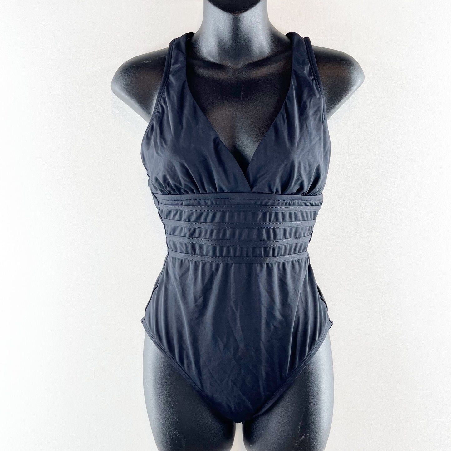 LA Blanca Plunge Front X Criss Cross Strappy Back One Piece Bathing Suit Black 8