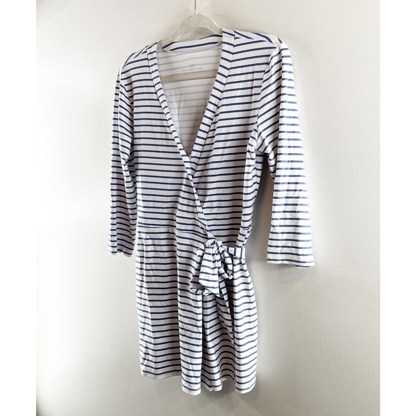 Southern Tide 3/4 Sleeve Moira Striped Wrap Romper One Piece White Blue Medium