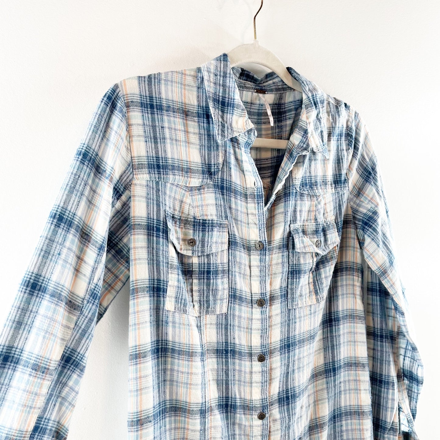 Free People Eight Days A Week Long Sleeve Plaid Shirt Dress Blue XS