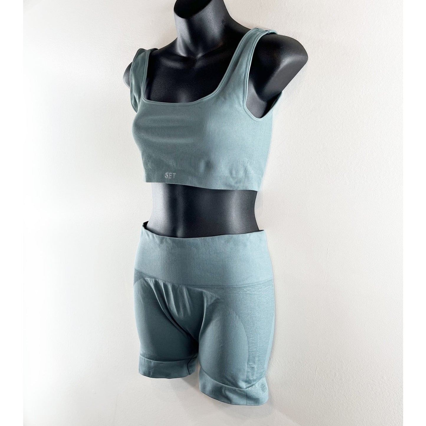 SET Active Sculptflex Power Ribbed Sports Bra Bike Short Set Muted Blue Large