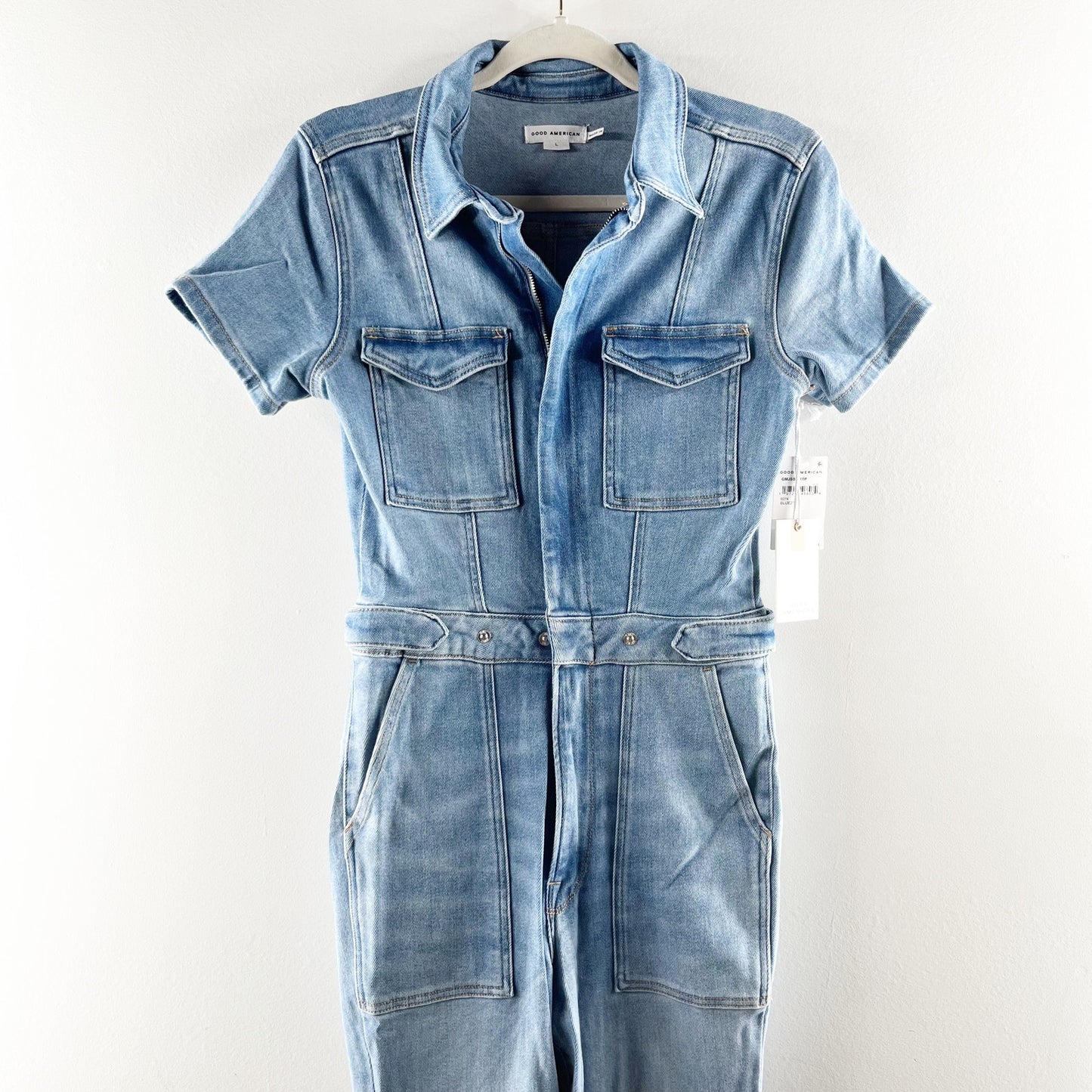 Good American Fit For Success Short Sleeve Bootcut Denim Jumpsuit Blue L