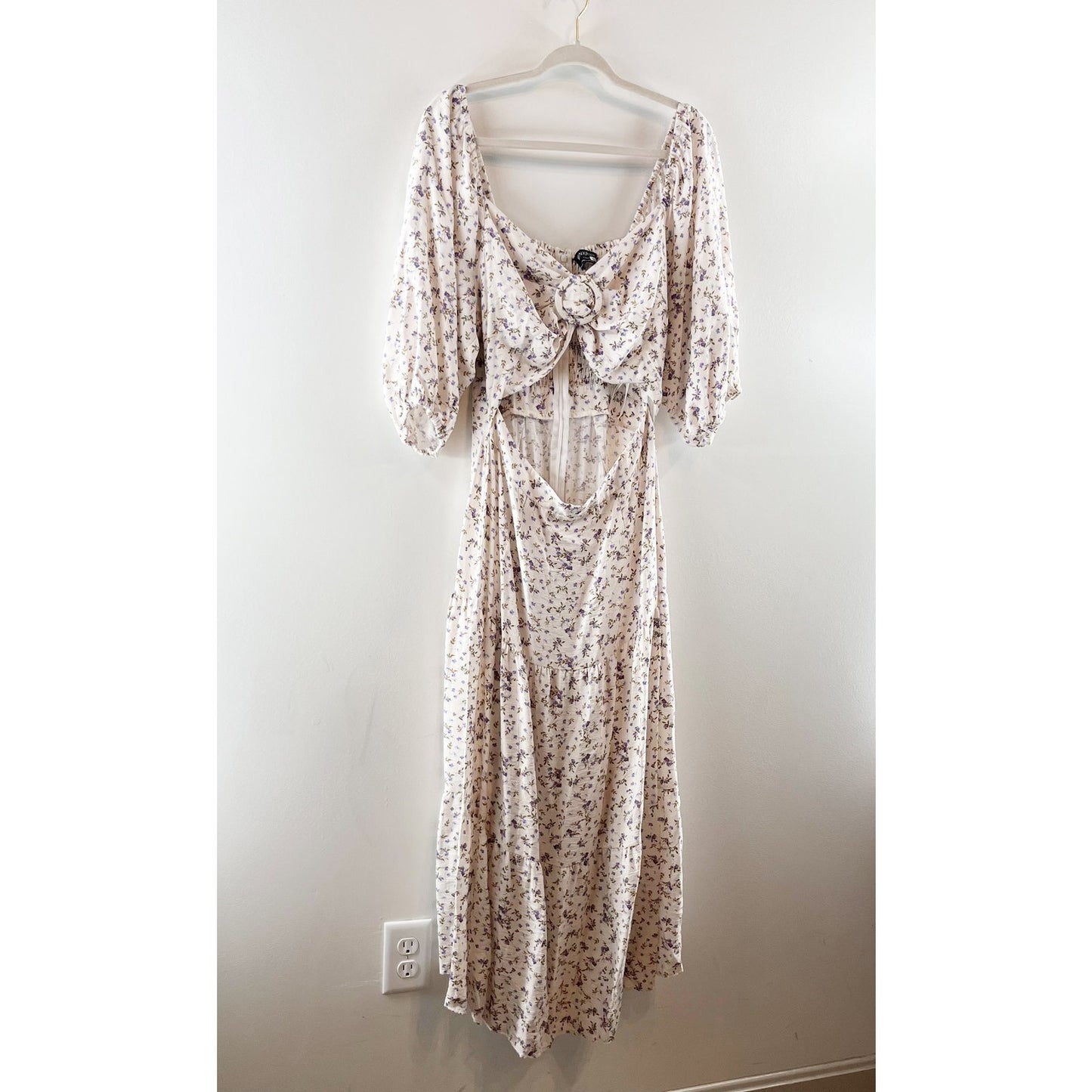 MINKPINK Hailey Floral Puff Sleeve Cutout Midi Dress Off-White Purple XL