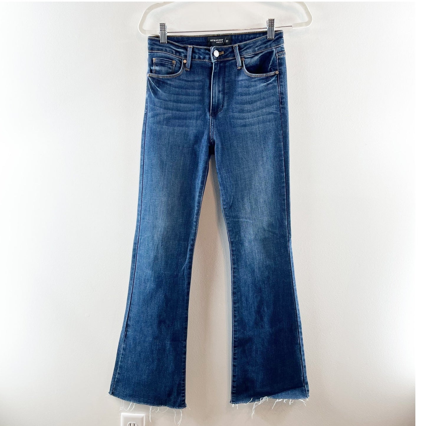Just Black Denim The High Rise Fall Flare Raw Hem Dark Wash Jeans Blue 27