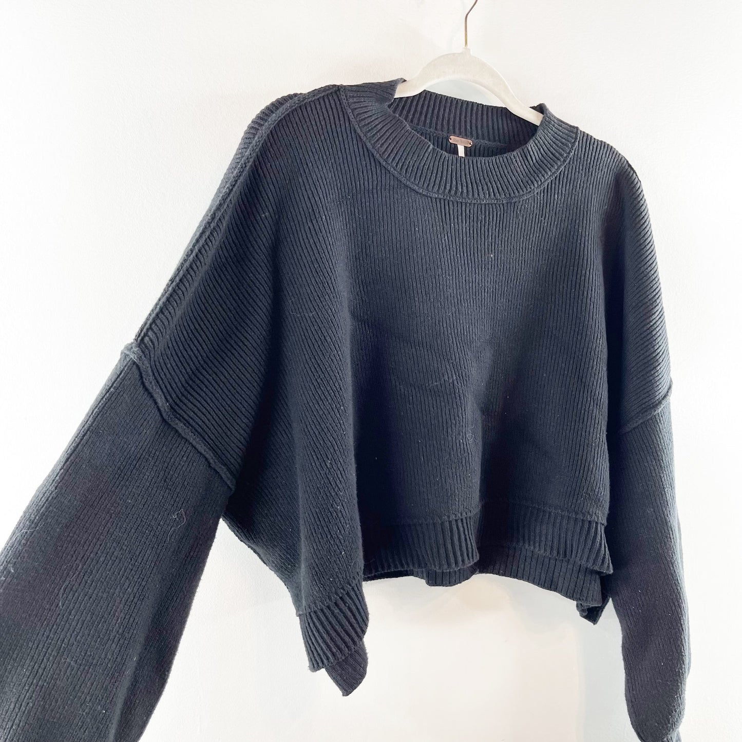 Free People Easy Street Cropped Long Sleeve Sweater Black Large