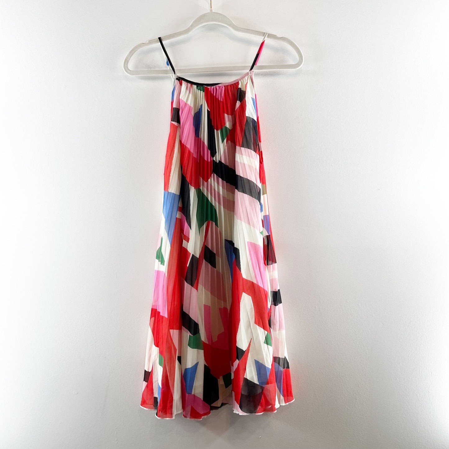 Molly Bracken Tara Sleeveless Geo Print Plisse Pleated Mini Dress Pink Large