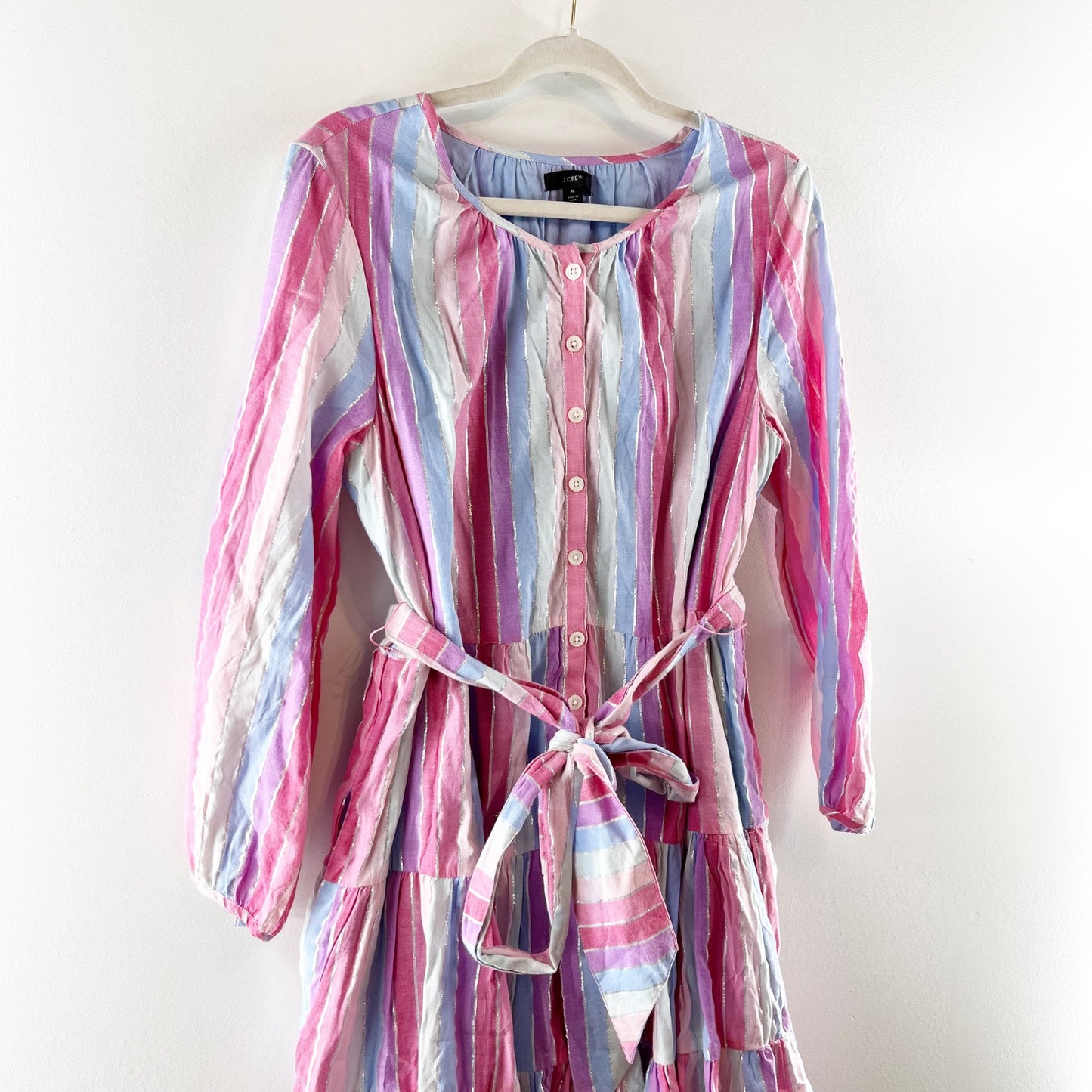 J. Crew Belted Button Up Long Sleeve Mini Dress in Pastel Stripe Purple Pink M