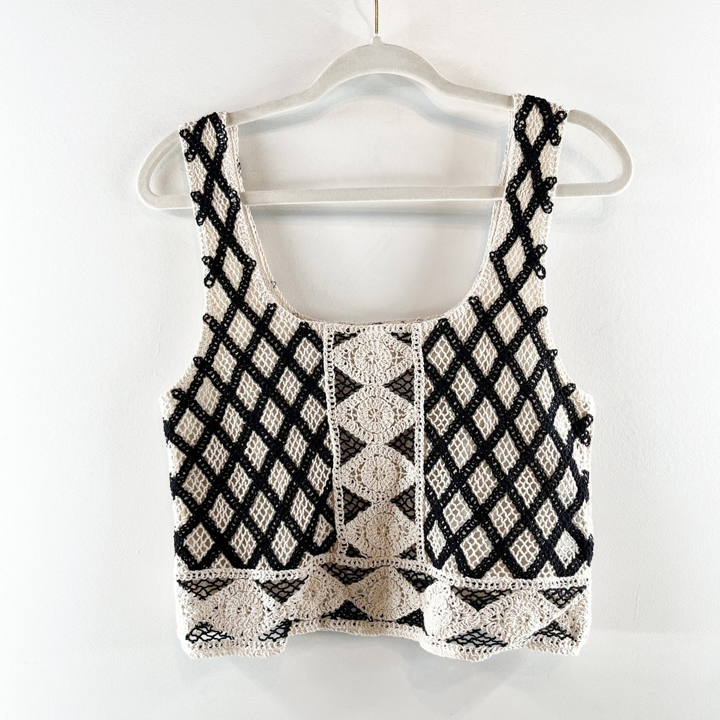 Z Supply Calle Square Neck Crochet Cropped Tank Top Tan Black Small