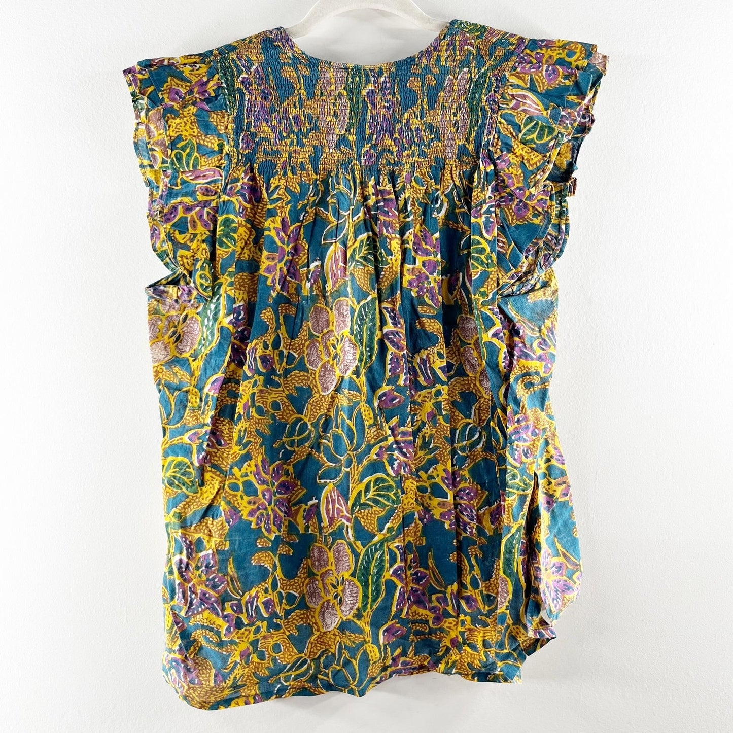 Cleobella Floral Button Up Cotton Chloe Shirt Top Blouse Green Yellow Medium