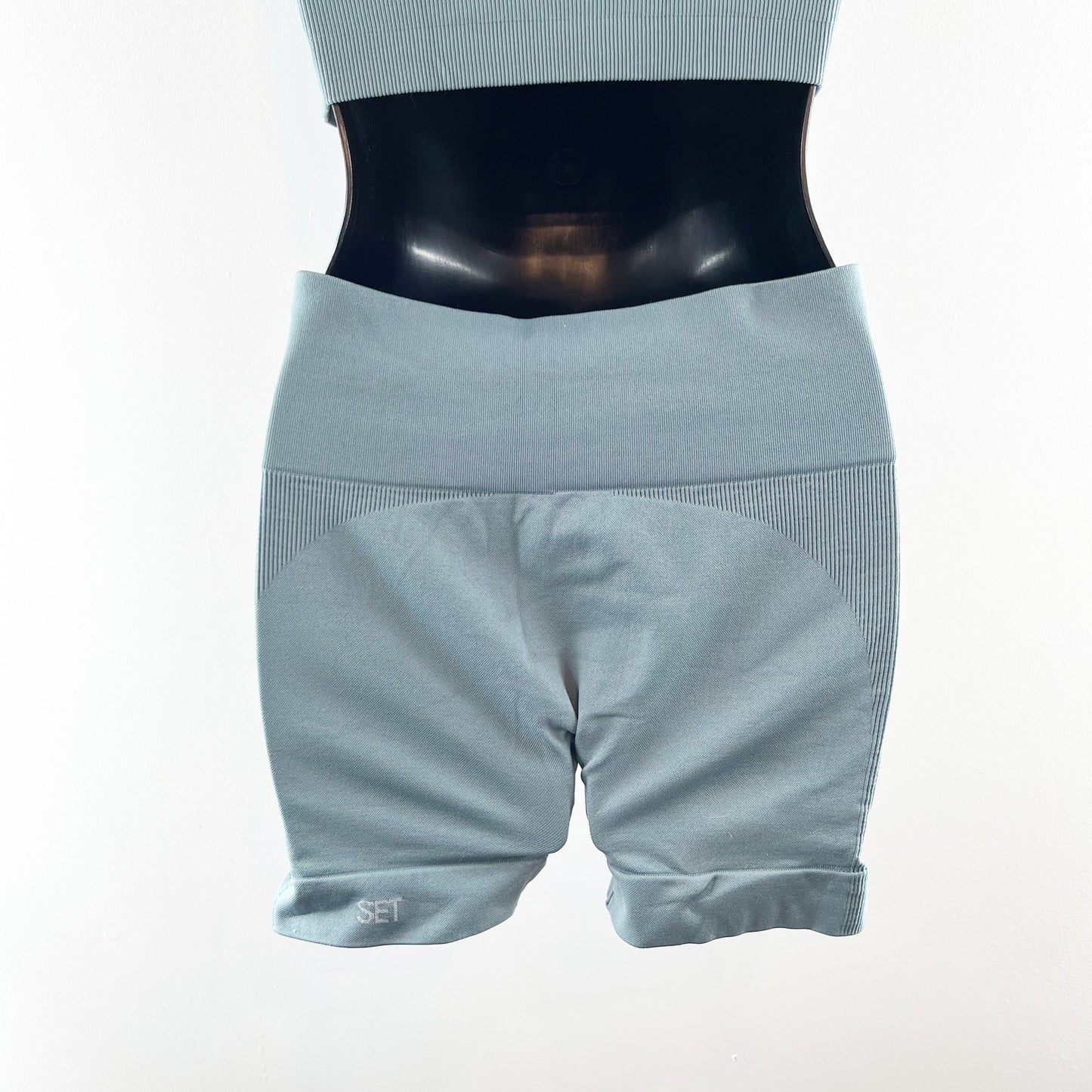 SET Active Sculptflex Power Ribbed Sports Bra Bike Short Set Muted Blue Large