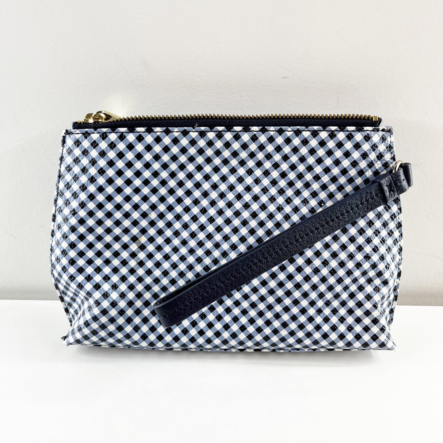 Talbots Leather Gingham Print Zip Top Pouch Wristlet Wallet Blue White