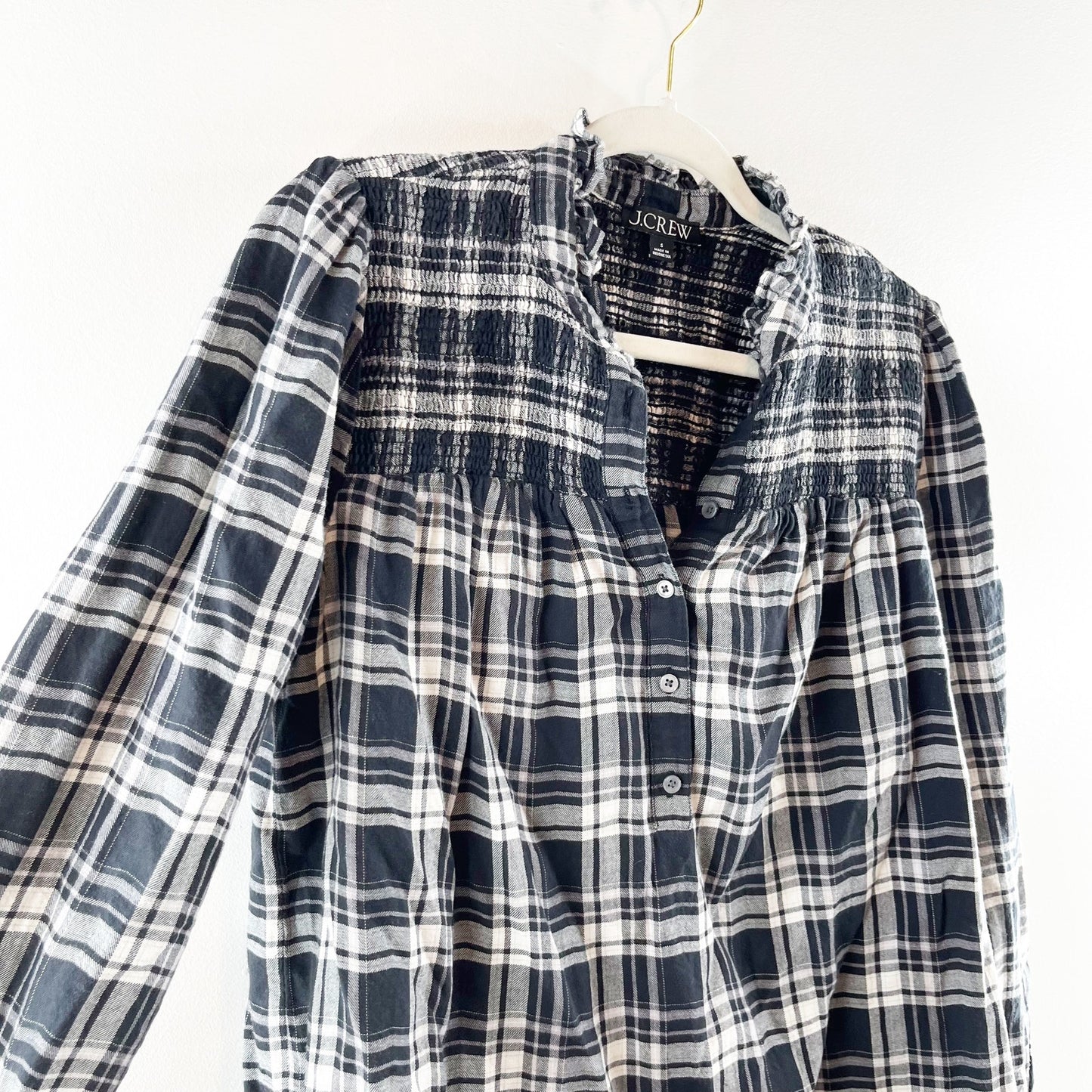 J. Crew Ruffleneck Flannel Popover Blouse Top Berkshire Plaid Black White Small