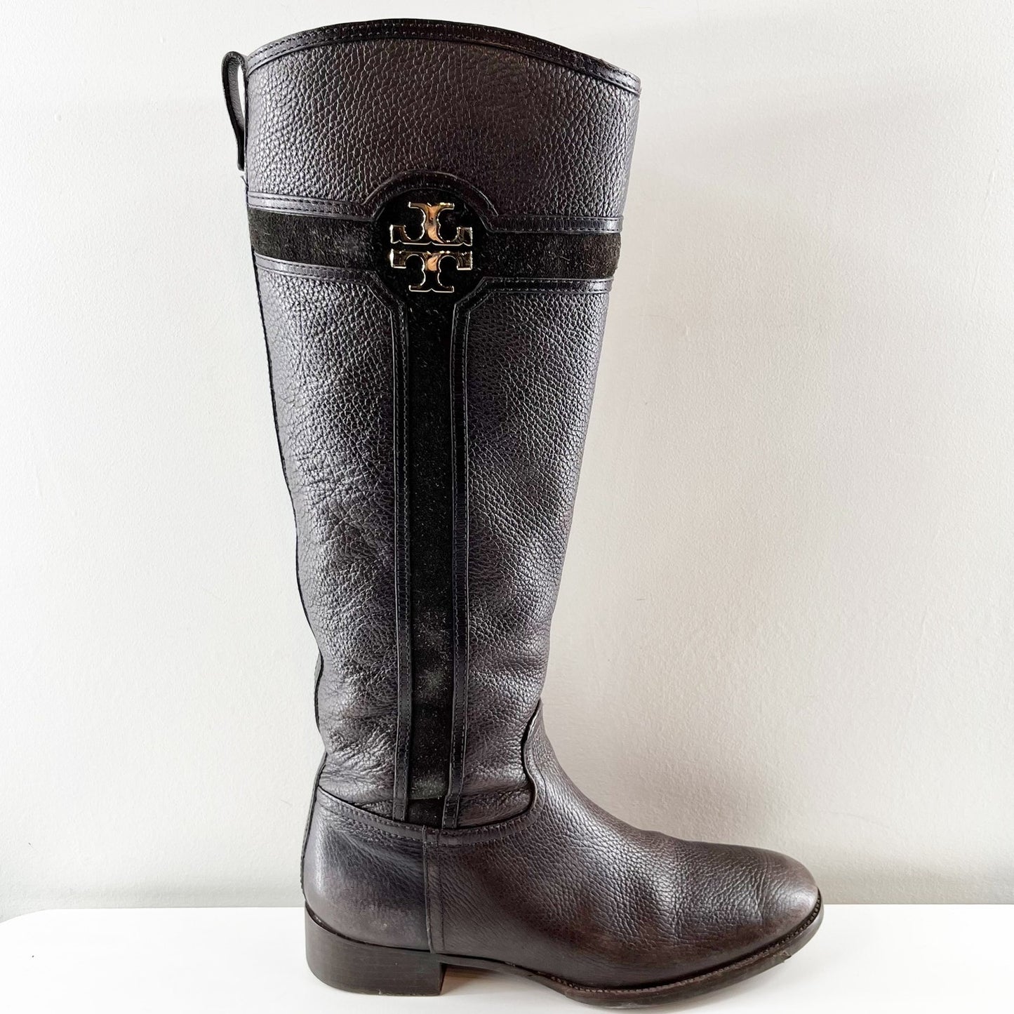 Tory Burch Alaina Pebbled Leather Tall Riding Boots Black Dark Brown 10