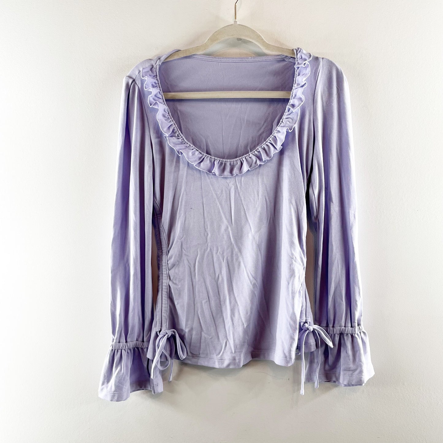 Maeve Anthropologie Long Sleeve Ruffle Scoop Neck Ruched Top Lavender Purple S