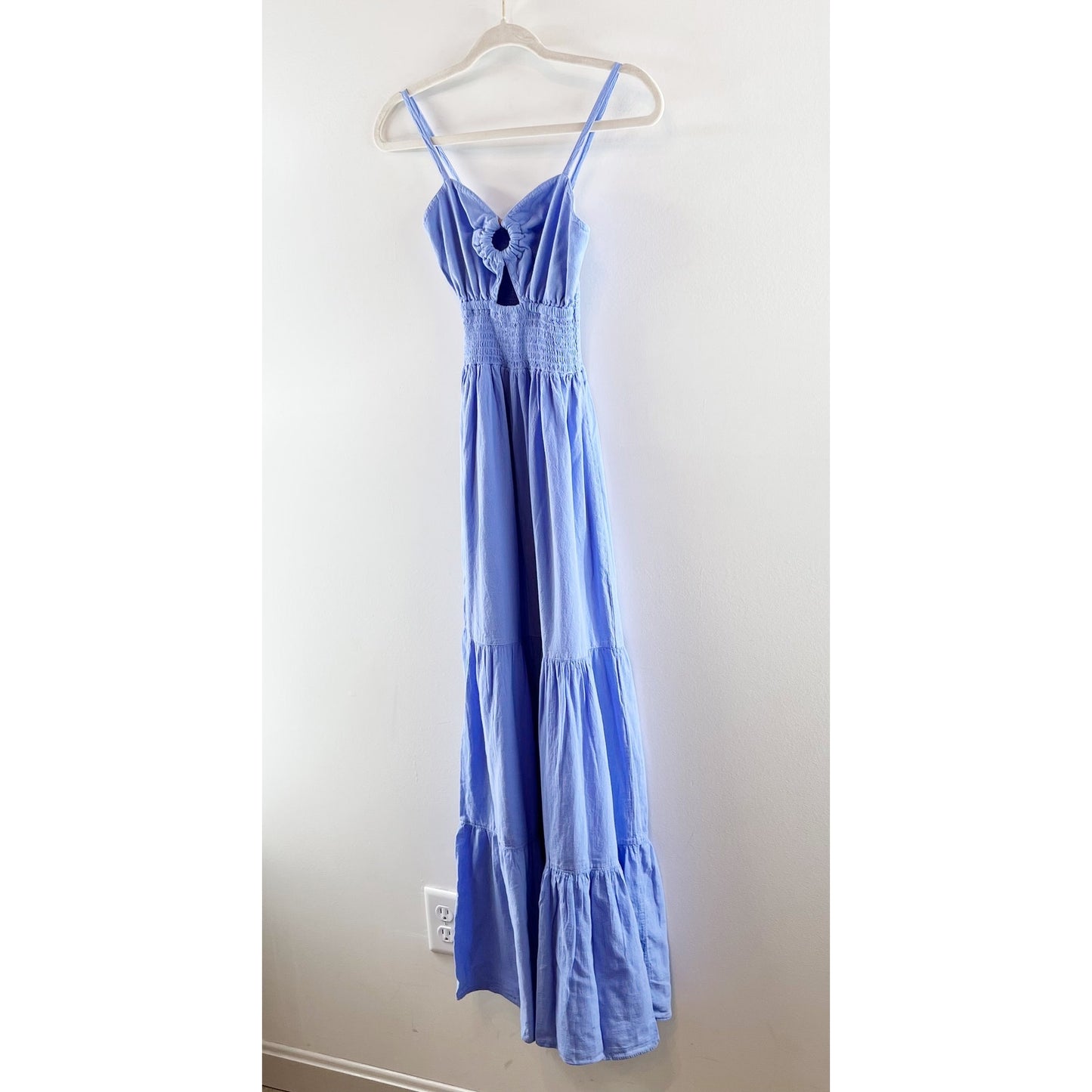 Blanco by Nature Nora Smocked Waist Tiered Cutout Maxi Dress Azure Blue Medium