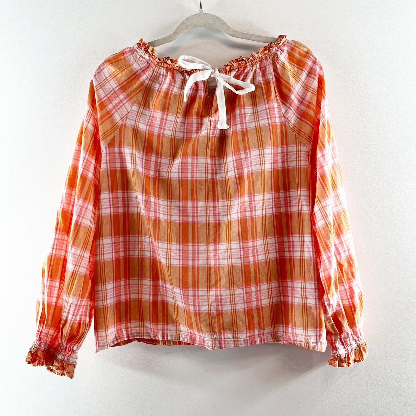 j. Crew Long Sleeve Ruffle Tie Back Plaid Cotton Blouse Top Orange Pink Large