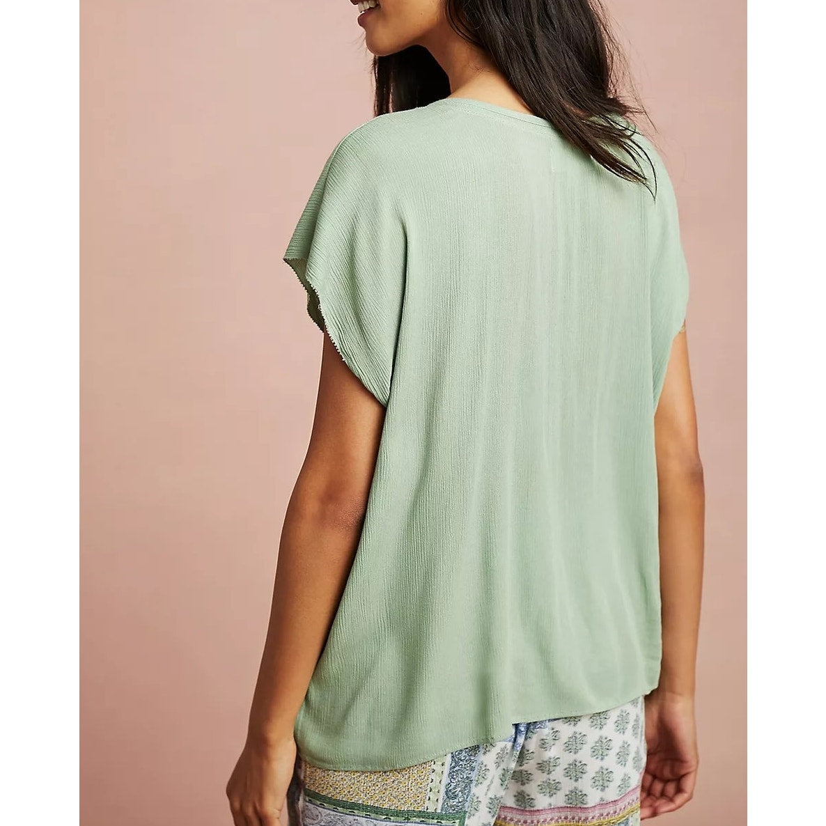Anthropologie Floreat Persephone Embroidered Short Sleeve Top Green XS