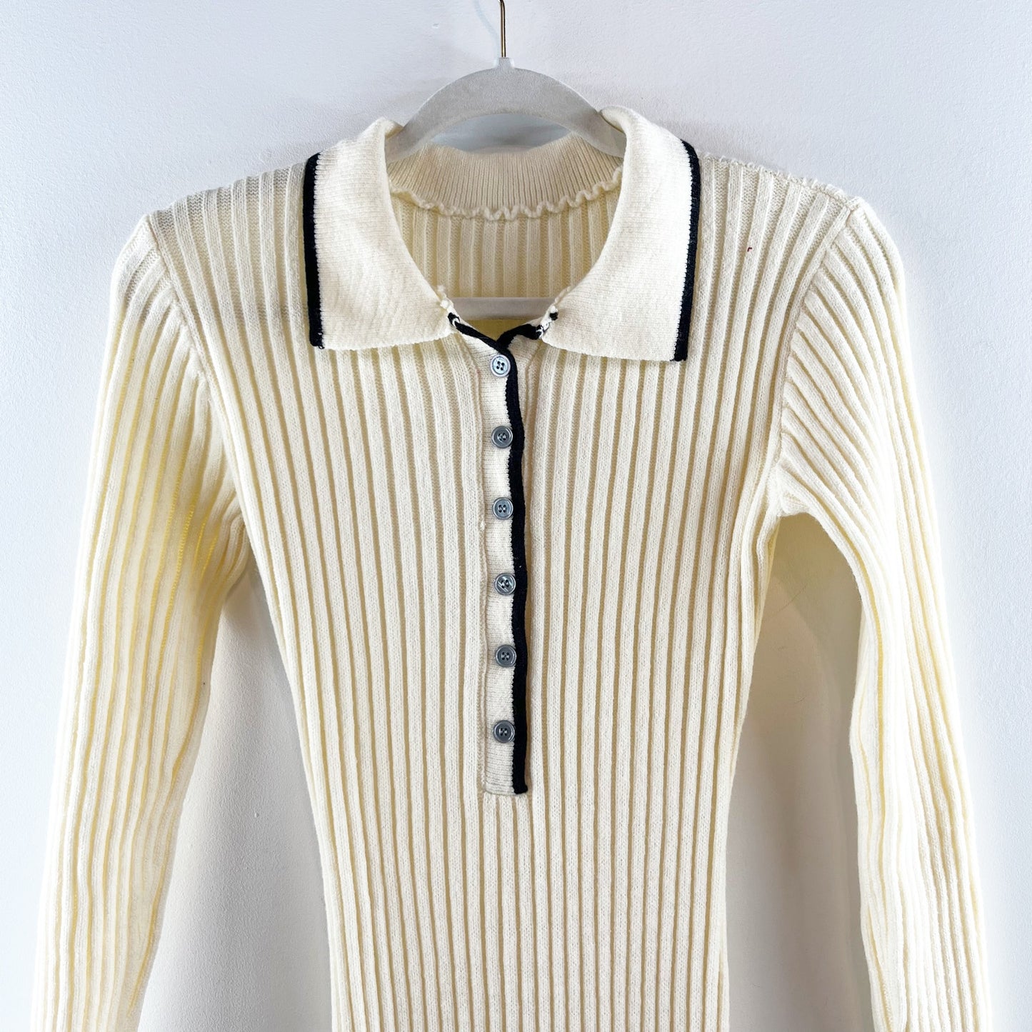 Commense Long Sleeve Collared Ribbed Bodycon Maxi Sweater Dress Cream XS