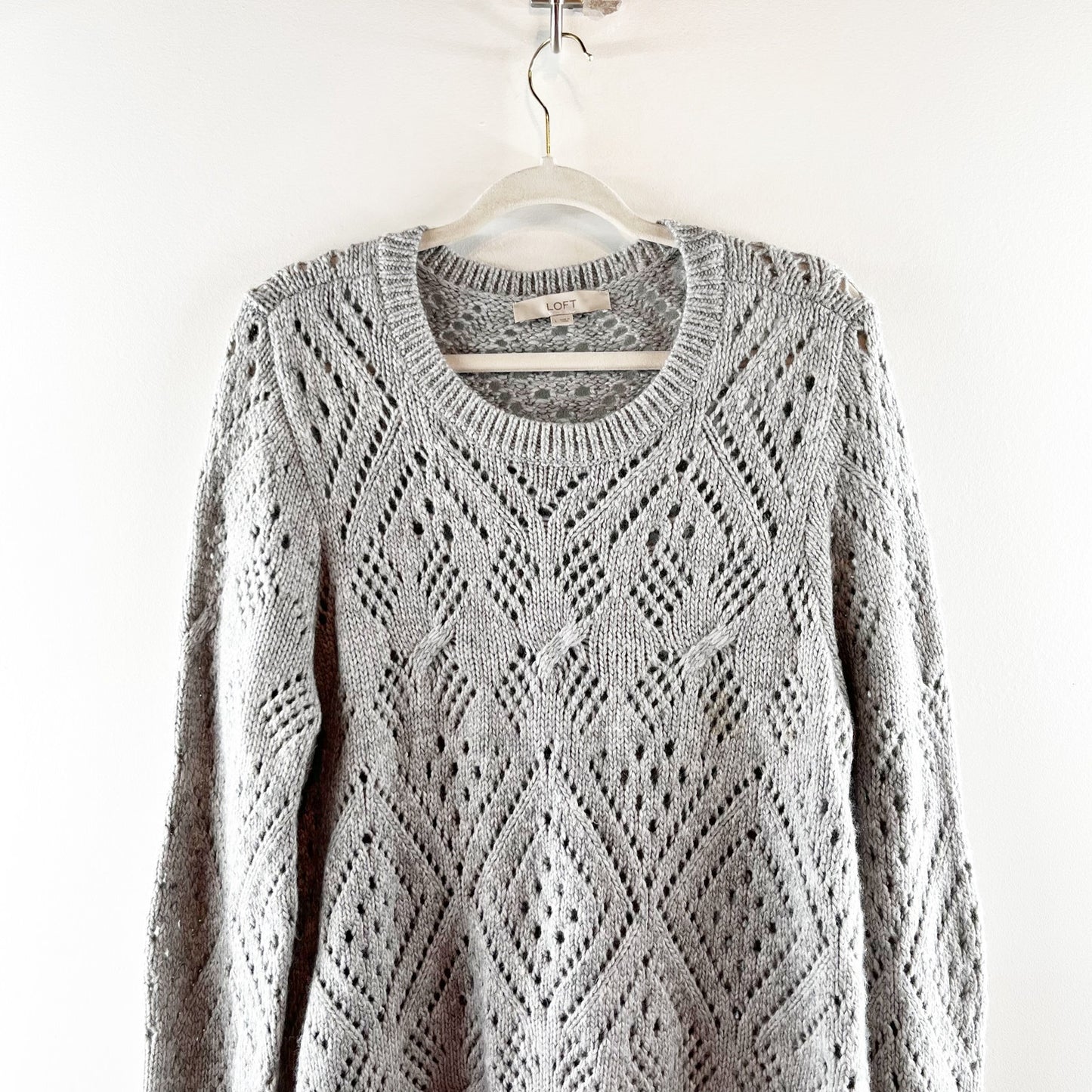 LOFT Pointelle Knit Long Sleeve Crewneck Sweater Gray Large