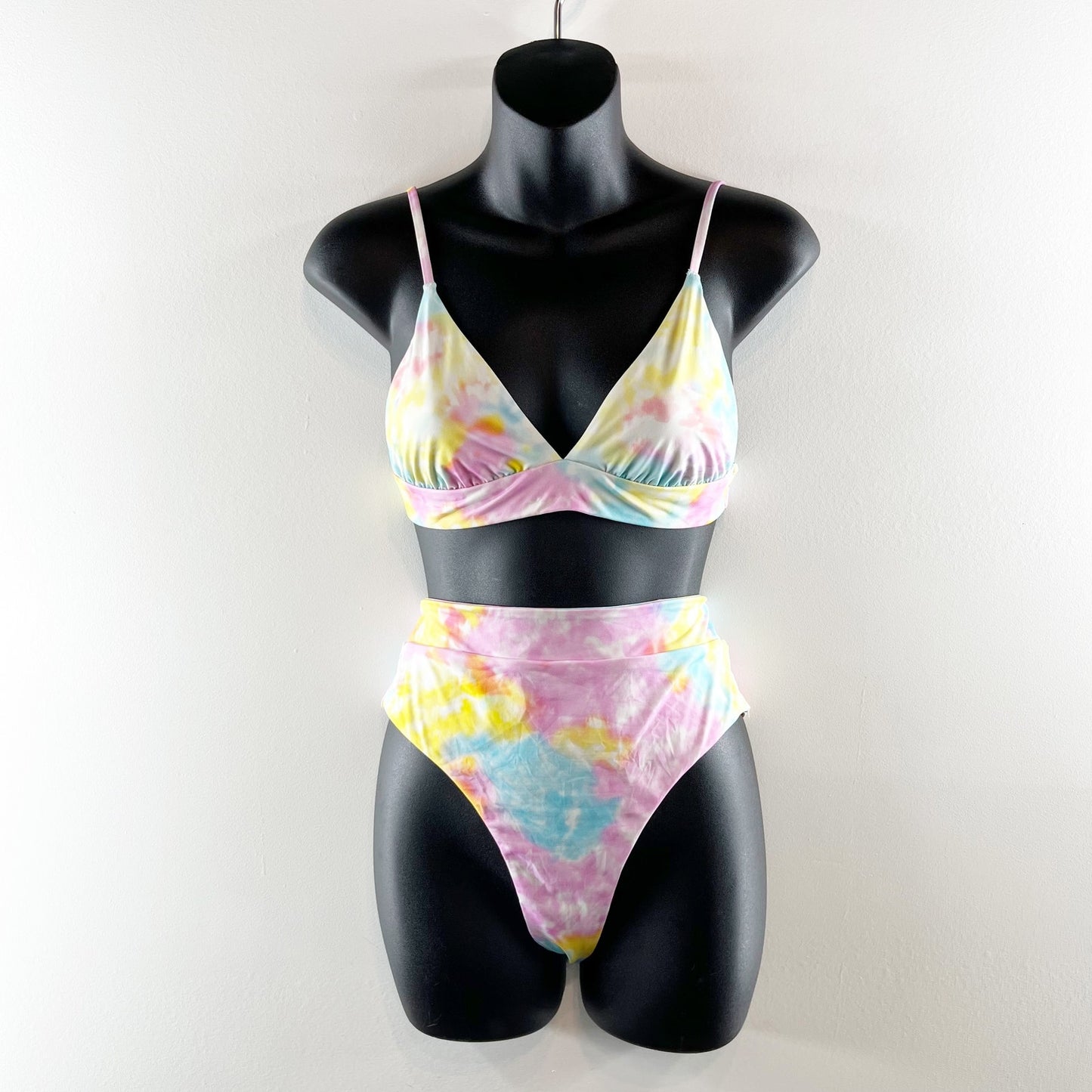 Banana Moon Triangle Tie Dye High Waisted Bikini Swimsuit Blue Pink Yellow Large