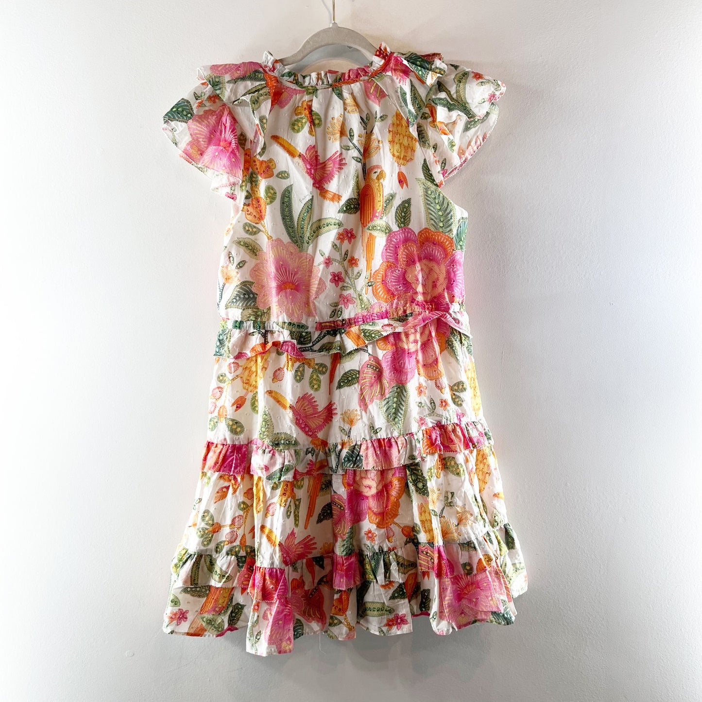 Farm Rio Macaw Bloom Floral Tiered Babydoll Mini Dress Pink White XS