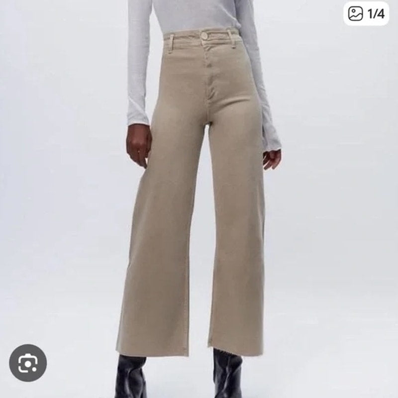 ZARA The Marine High Rise Wide Leg Raw Hem Pants Jeans Tan Khaki 2
