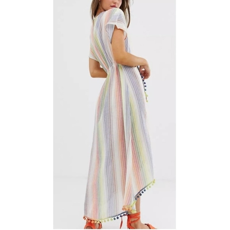 America & Beyond Short Sleeve Midi Striped Tassel Rainbow Cover Up White Small