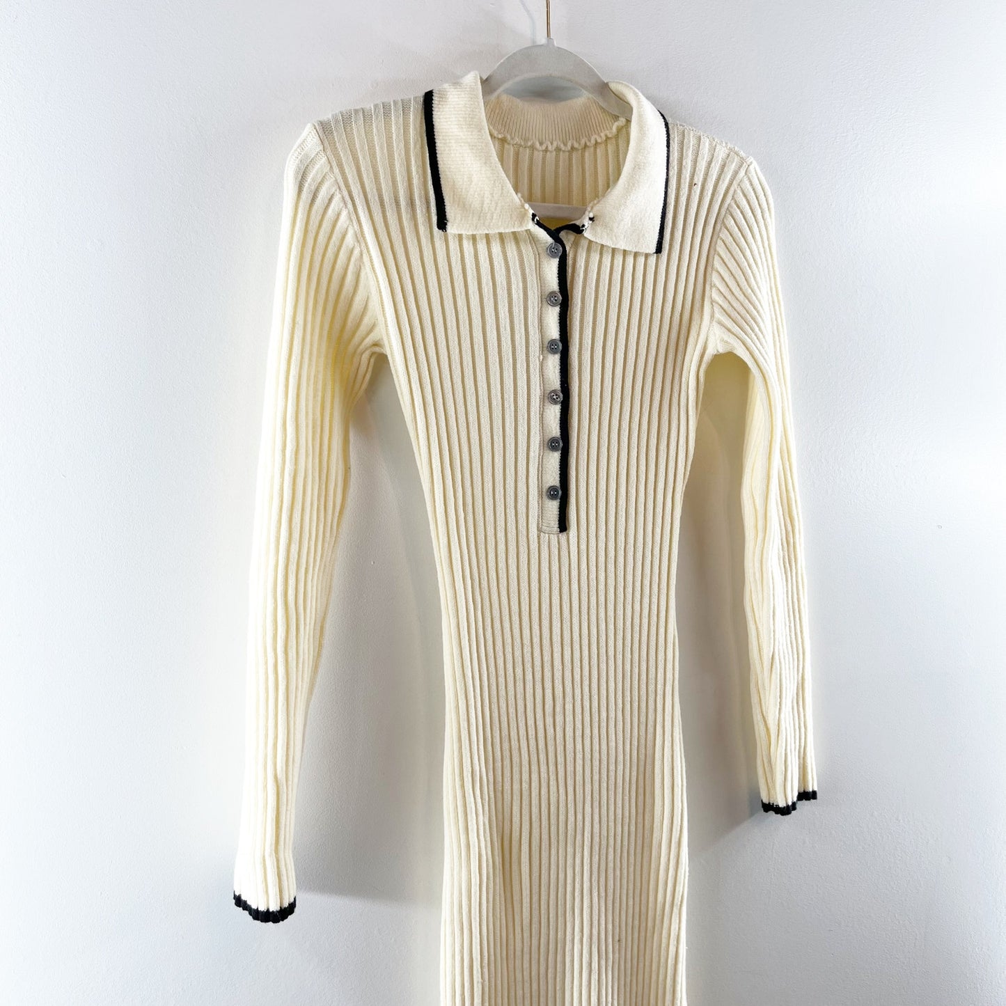 Commense Long Sleeve Collared Ribbed Bodycon Maxi Sweater Dress Cream XS