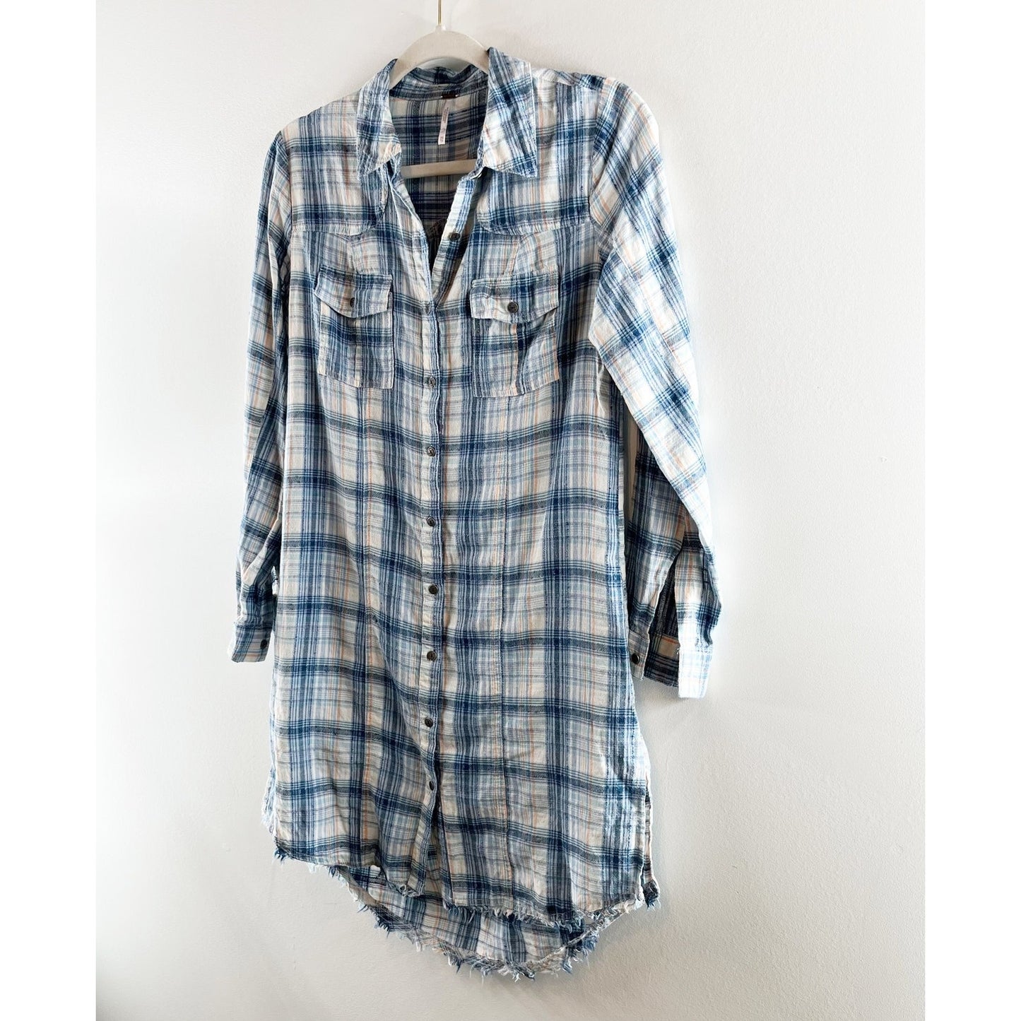 Free People Eight Days A Week Long Sleeve Plaid Shirt Dress Blue XS
