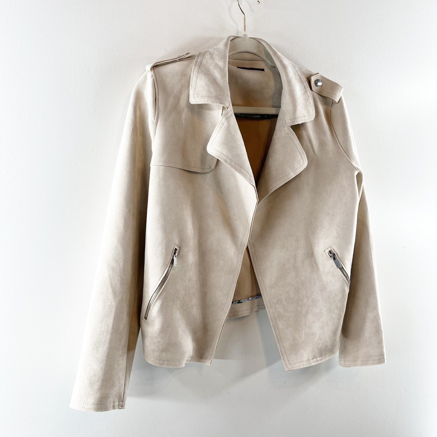 Tahari Long Sleeve Open Faux Suede Moto Jacket Tan Beige Medium