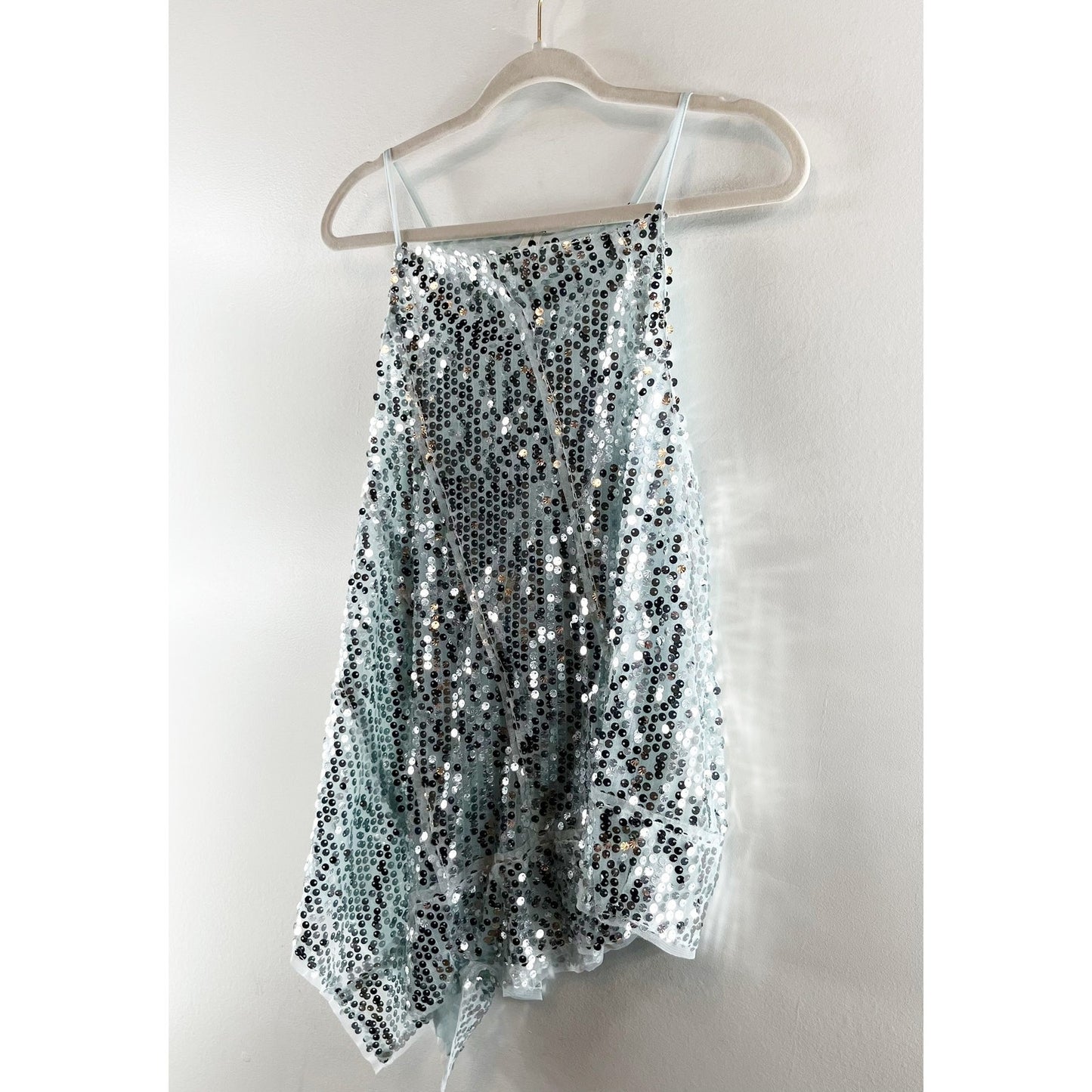 Anthropologie Sequin Square Neck Asymmetrical Hem Tank Top Blue XL
