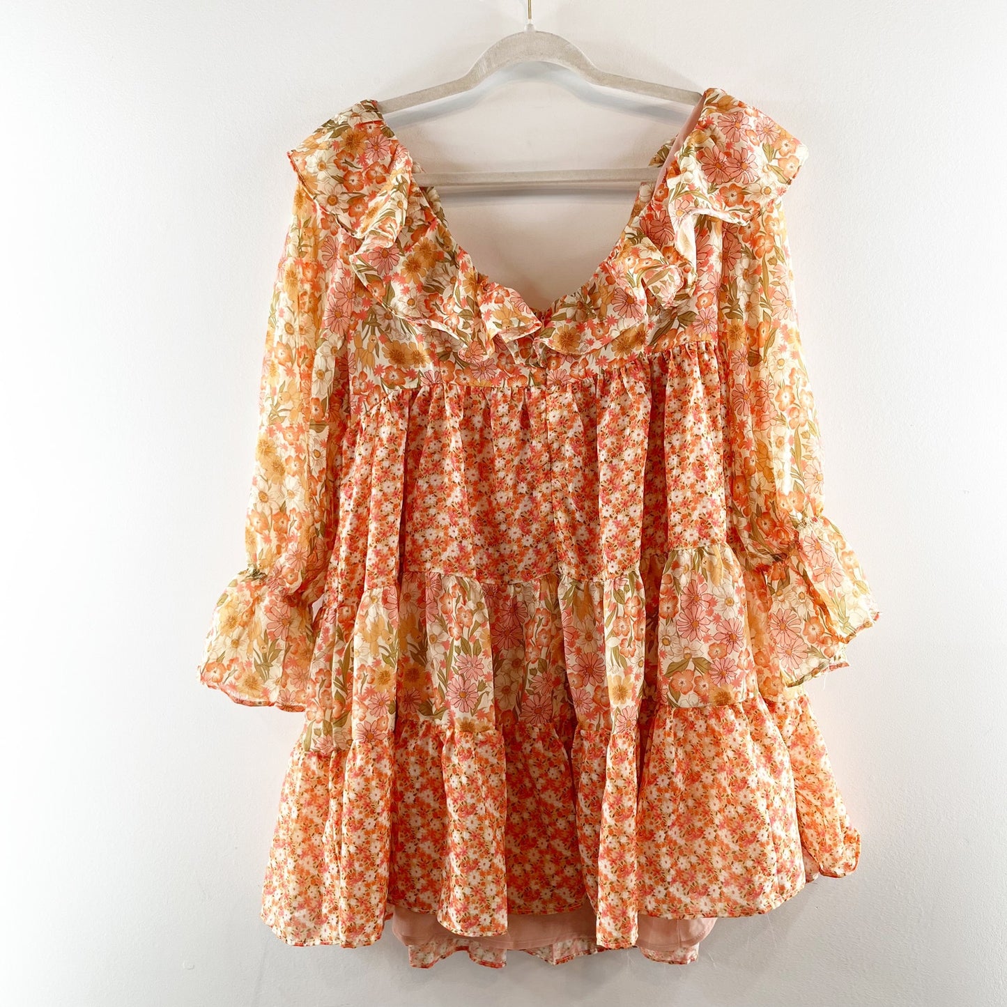 Glamorous Frill Detail Floral Long Sleeve Mini Dress Peach Orange Medium