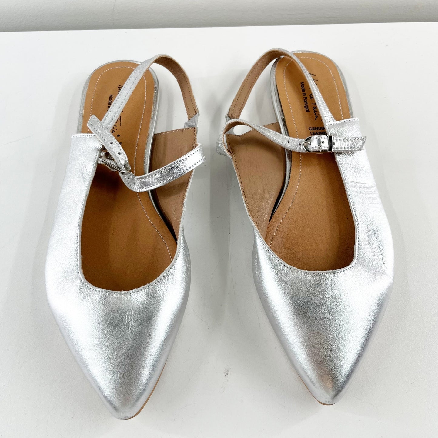 Antonio De Faria Anna Leather Slingback Mary Jane Pointed Toe Flats Silver 9