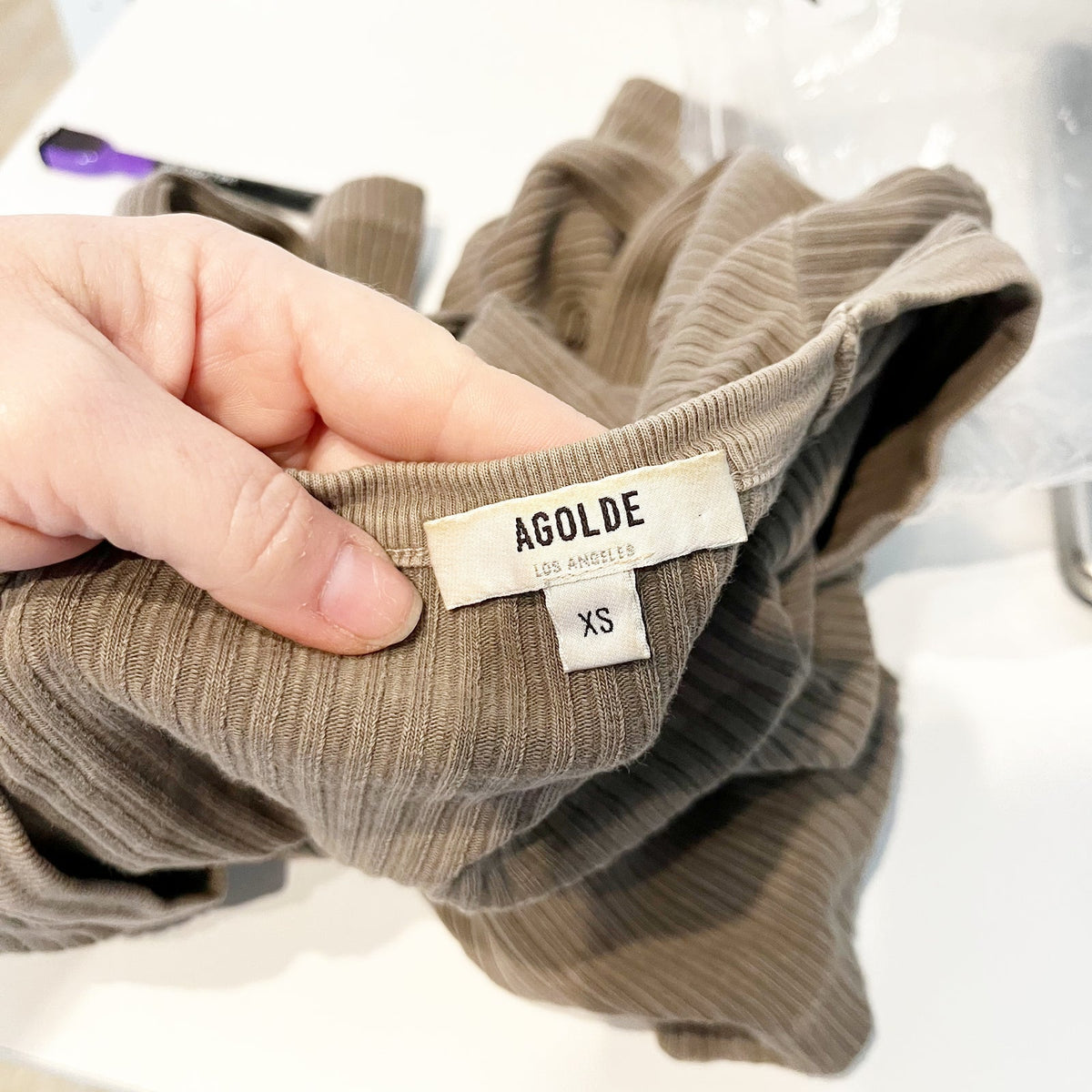 Agolde Tavi Slim Fit Long Sleeve Ribbed Deep V-Neck Top Taupe Brown XS