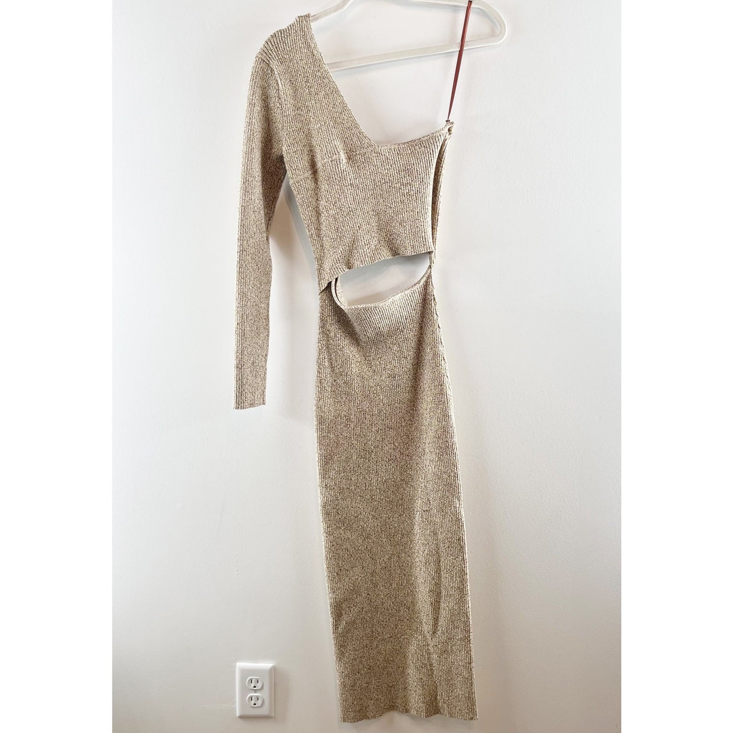 Ronny Kobo Lorraine One Shoulder Cutout Knit Bodycon Midi Dress Beige Medium