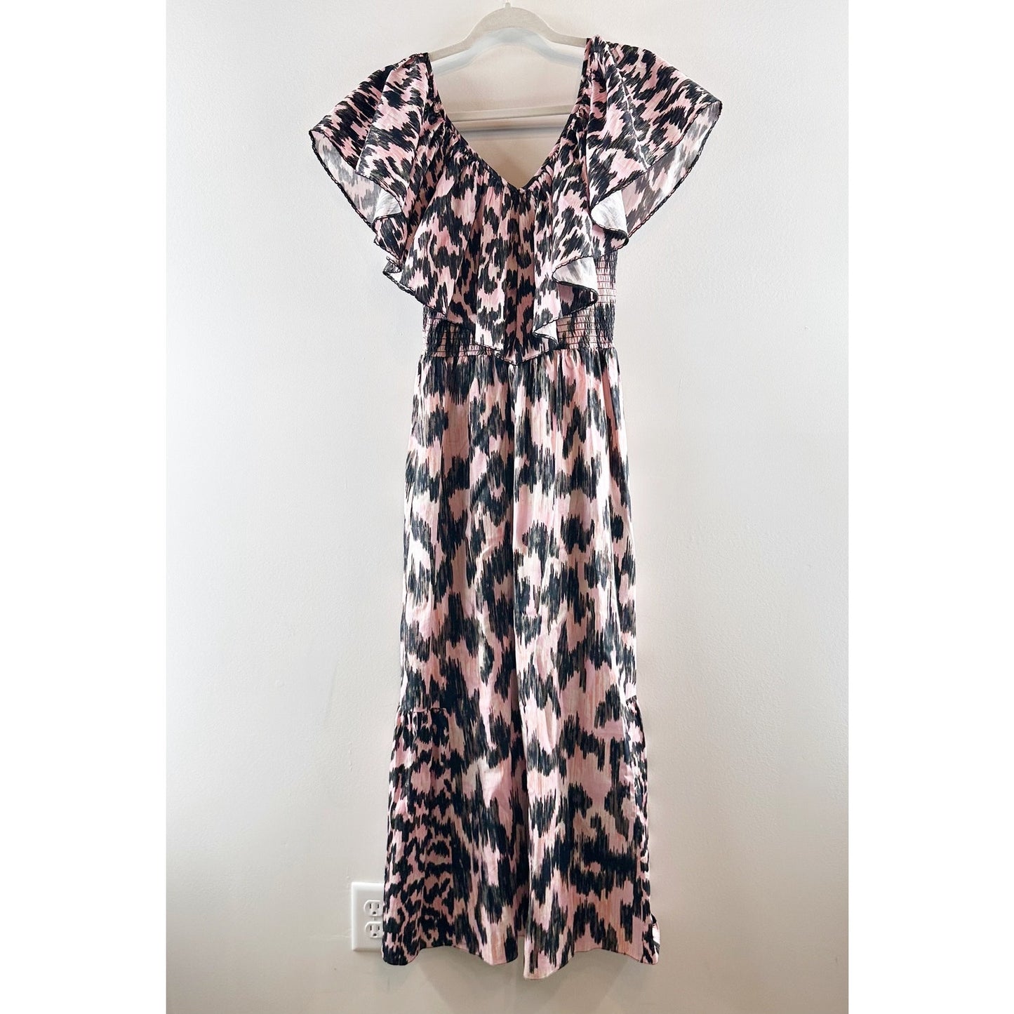 Maria Cher Dabir 100% Cotton Ruffle Trim V-Neck Smocked Midi Dress Pink Black XS