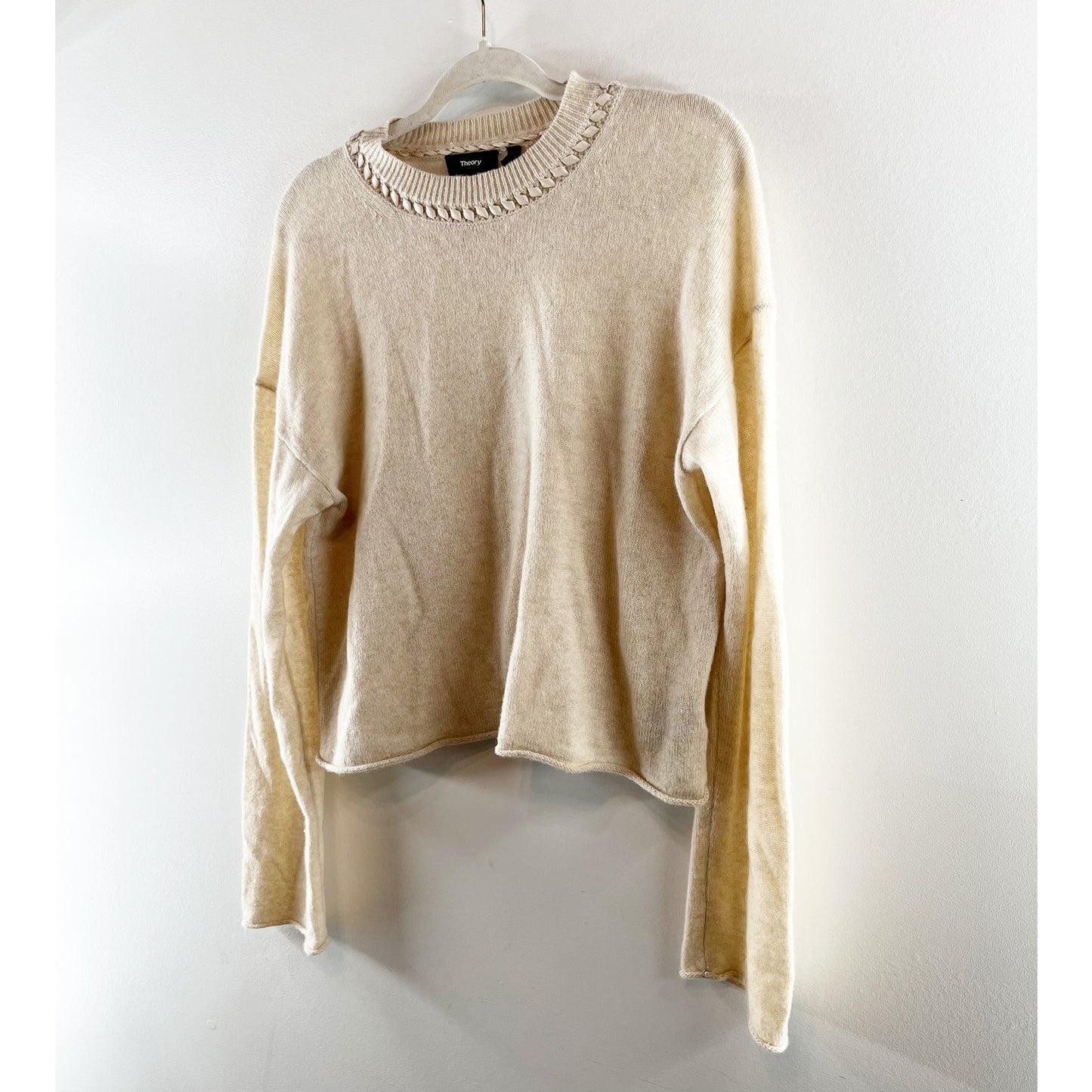 Theory Ribbon Trim Long Sleeve Roll Hem Cashmere Sweater Tan Large