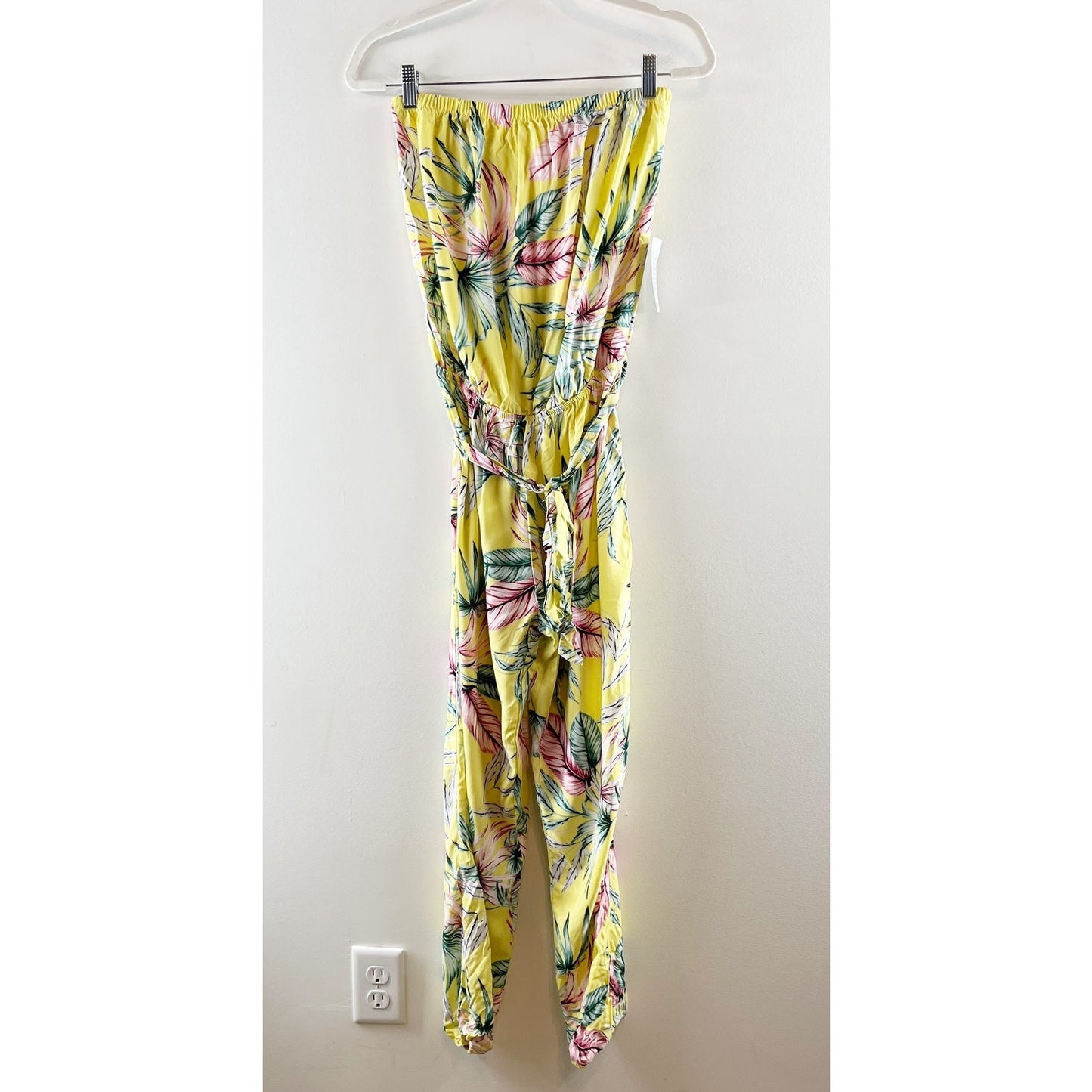 The Vanity Room Strapless Tropical Print Jogger Jumpsuit Banana Yellow Medium