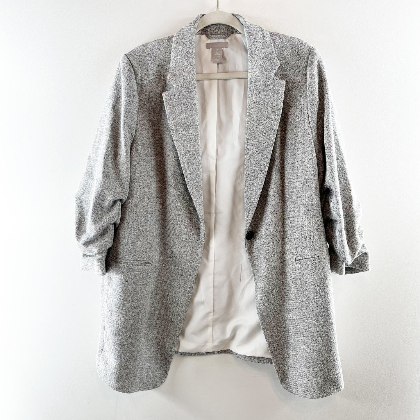 H&M Gathered 3/4 Sleeve Single Button Blazer Jacket Gray Large