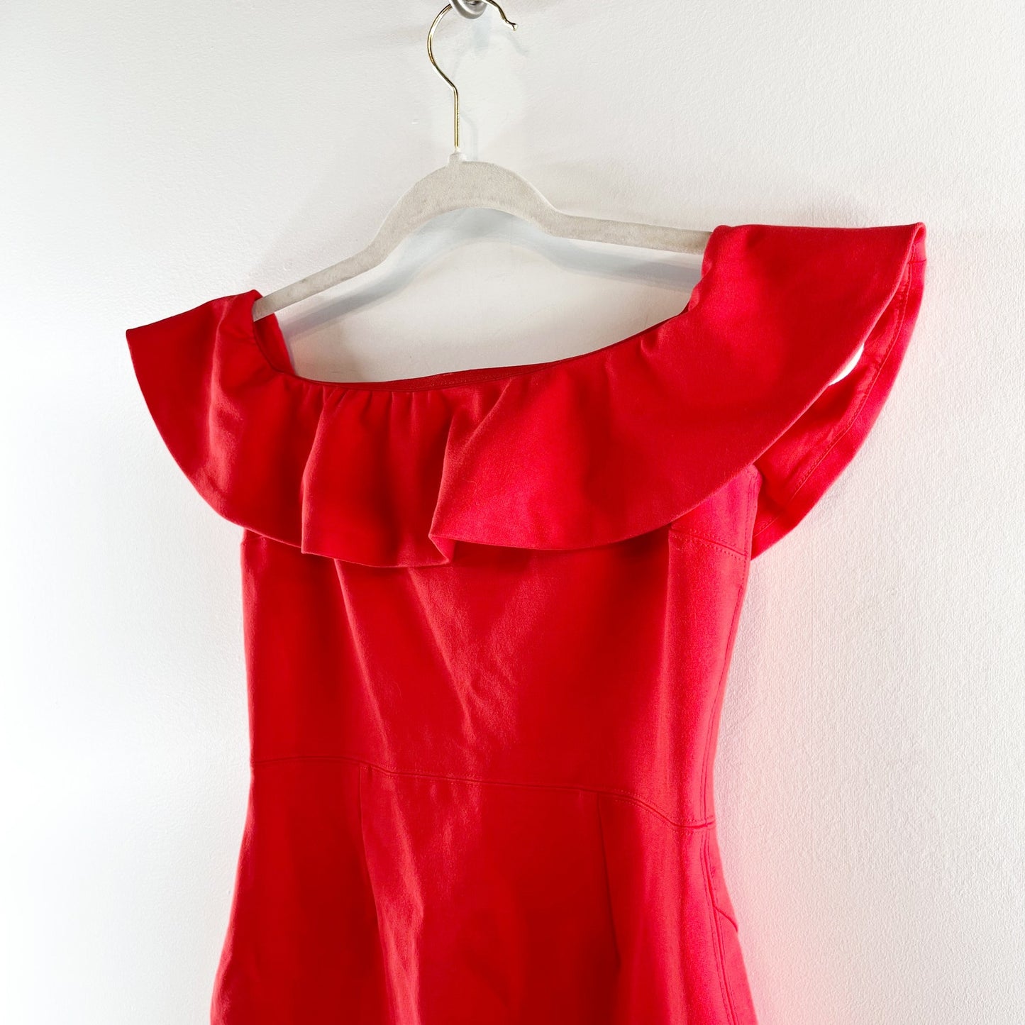 Babaton by Aritzia Emry Off The Shoulder Ruffle Trim Bodycon Mini Dress Red US 4