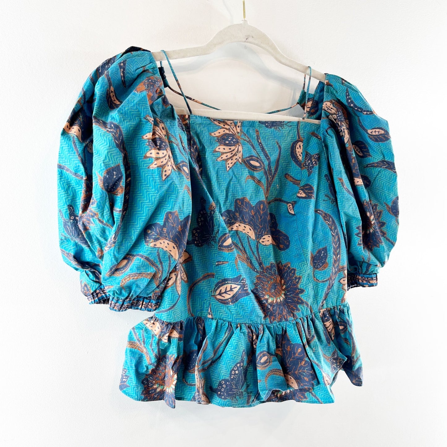 Ulla Johnson Carlotta Puff Short Sleeve Peplum Floral Cropped Top Blue Teal 2