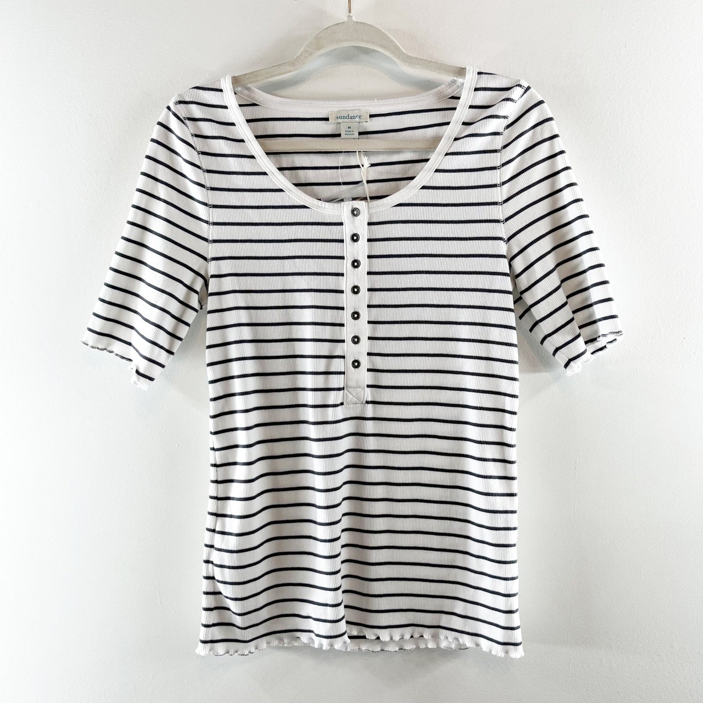 Sundance Cotton Striped Short Sleeve Scoopneck Henley Tee Shirt White Blue Small