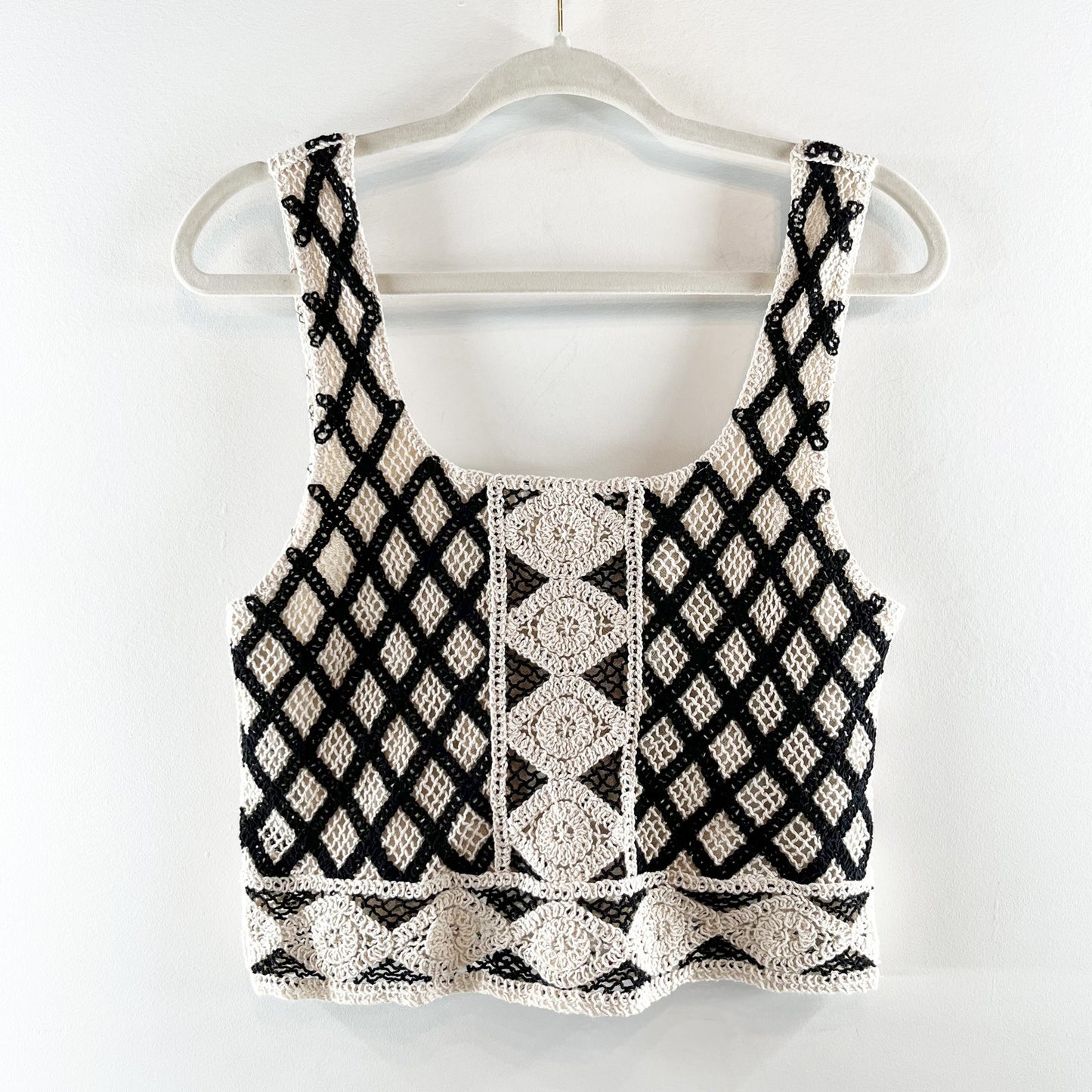Z Supply Calle Square Neck Crochet Cropped Tank Top Tan Black Small