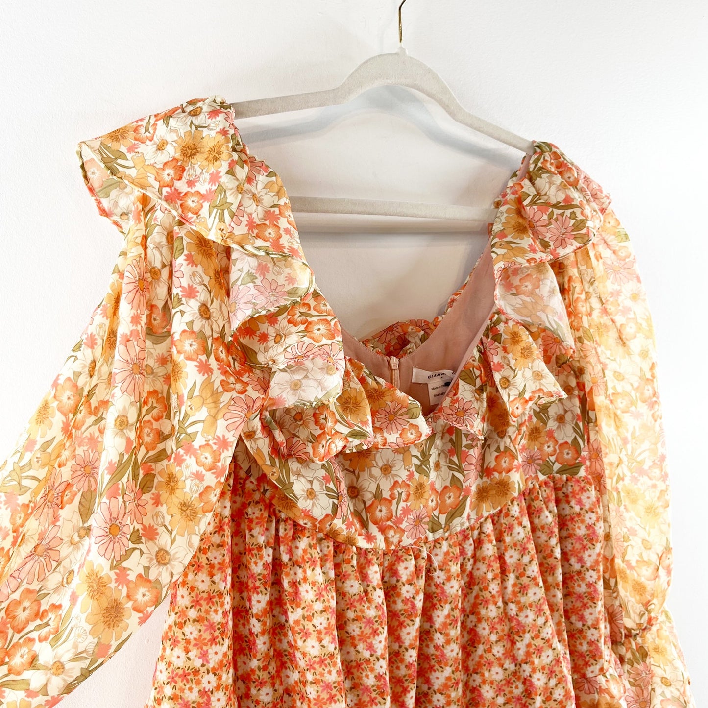 Glamorous Frill Detail Floral Long Sleeve Mini Dress Peach Orange Medium